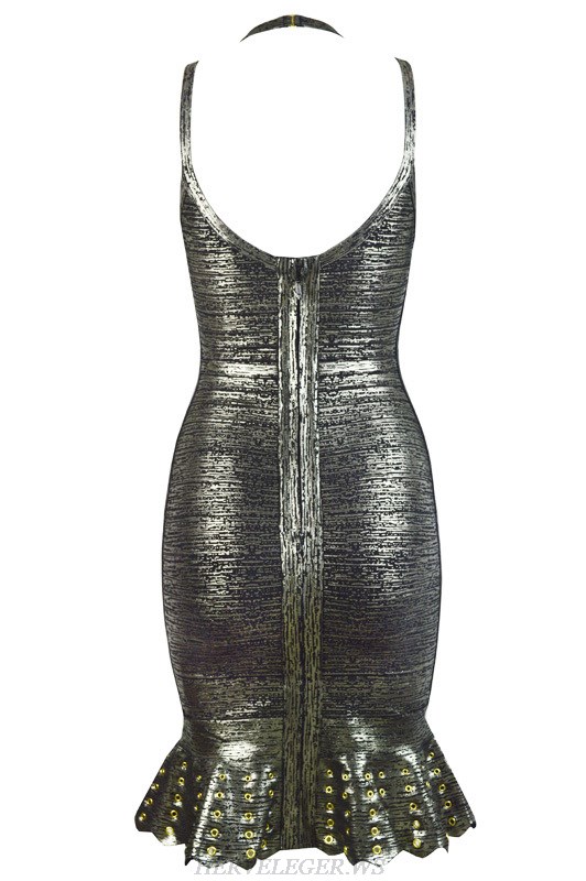 Herve Leger Silver And Black Gold Multicolor V Neck Cocktail Dress