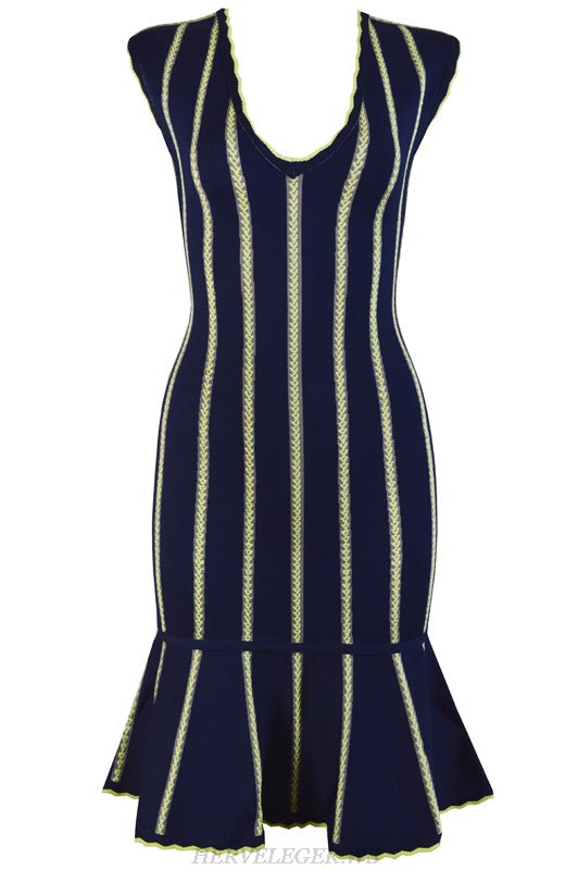 Herve Leger Blue Jacquard Weave V Neck Dress