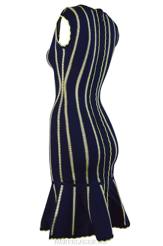 Herve Leger Blue Jacquard Weave V Neck Dress