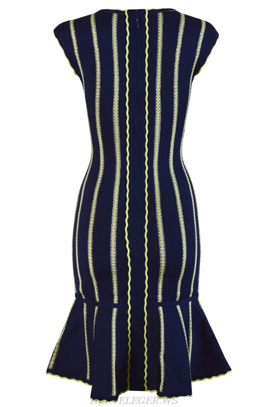 Herve Leger Blue Jacquard Weave V Neck Dress