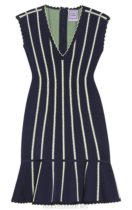 Herve Leger Blue Jacquard Weave V Neck Dress