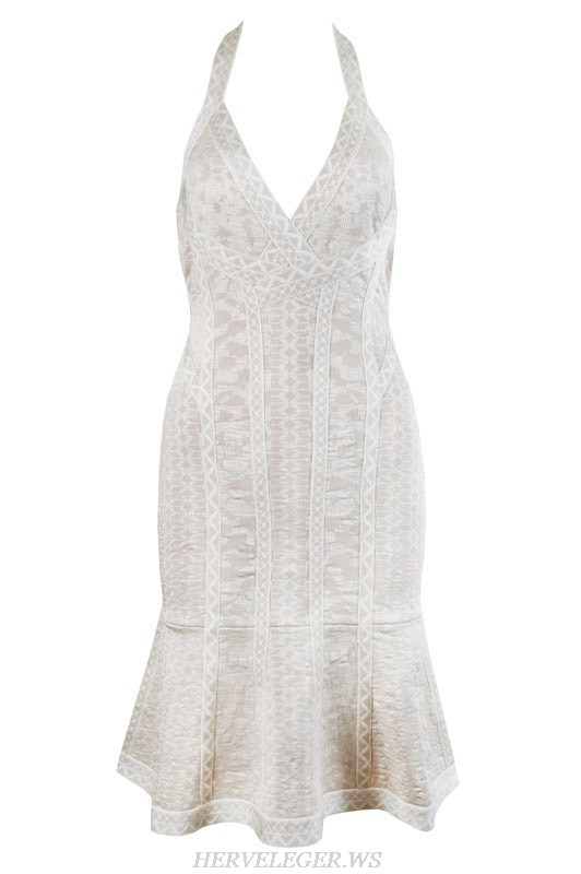 Herve Leger White V Neck Jacquard A Line Dress