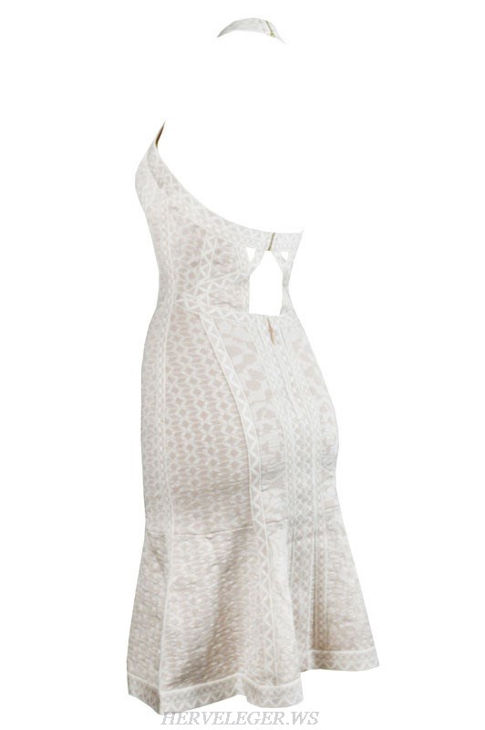 Herve Leger White V Neck Jacquard A Line Dress