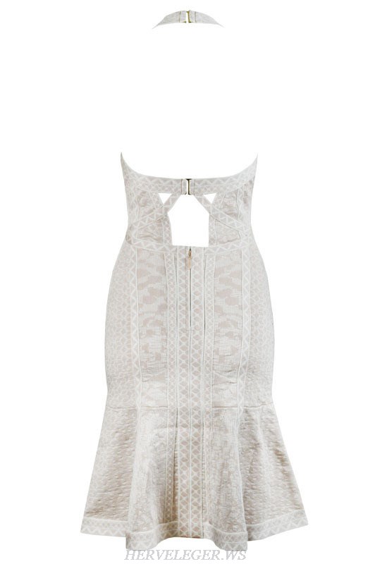 Herve Leger White V Neck Jacquard A Line Dress