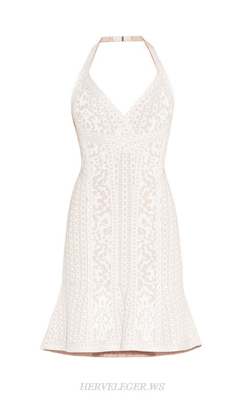 Herve Leger White V Neck Jacquard A Line Dress