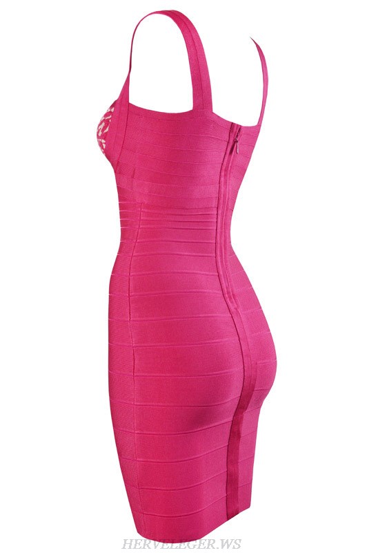 Herve Leger Nude Black Pink And Blue Multicolor Lace Bandage Dress