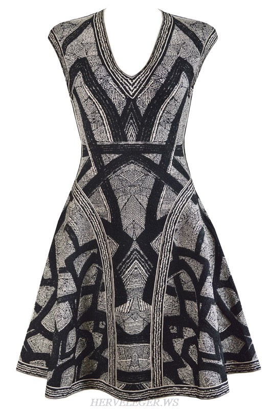 Herve Leger Black And Grey Jacquard A Line Dress