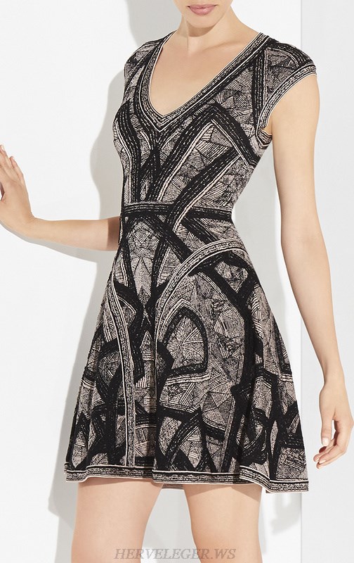 Herve Leger Black And Grey Jacquard A Line Dress