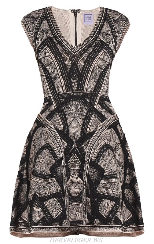 Herve Leger Black And Grey Jacquard A Line Dress