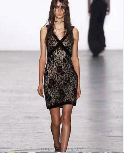 Herve Leger Black Lace V Neck Dress