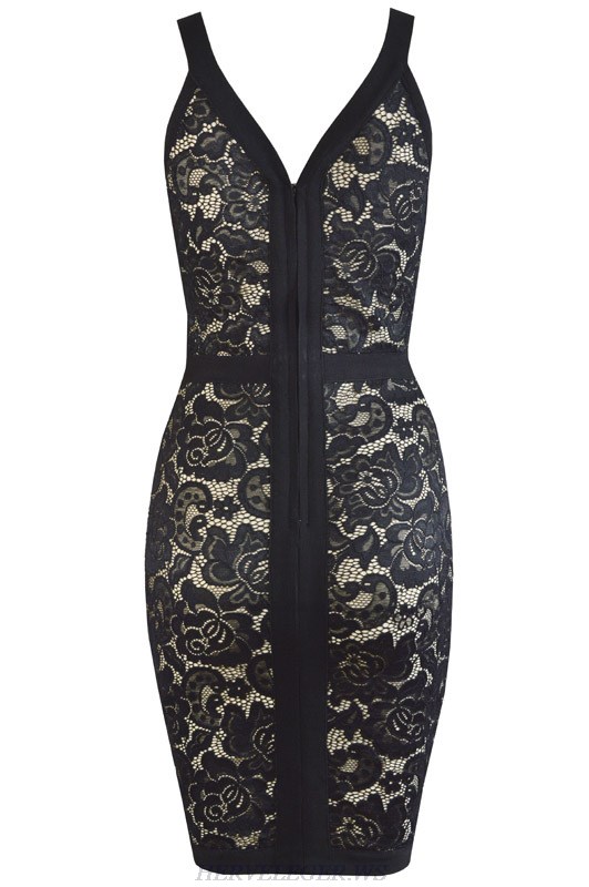 Herve Leger Black Lace V Neck Dress