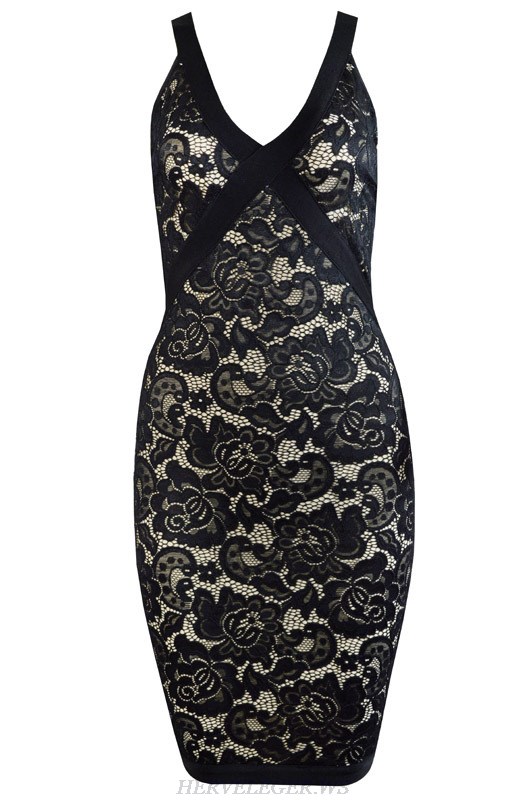 Herve Leger Black Lace V Neck Dress