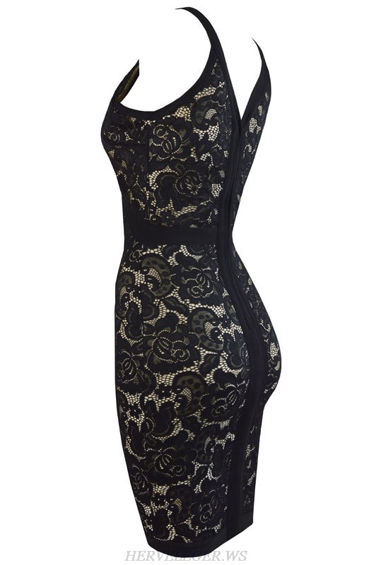 Herve Leger Black Lace V Neck Dress