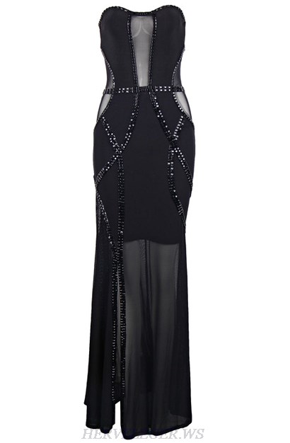 Herve Leger Black Bandeau Embellished Evening Dress