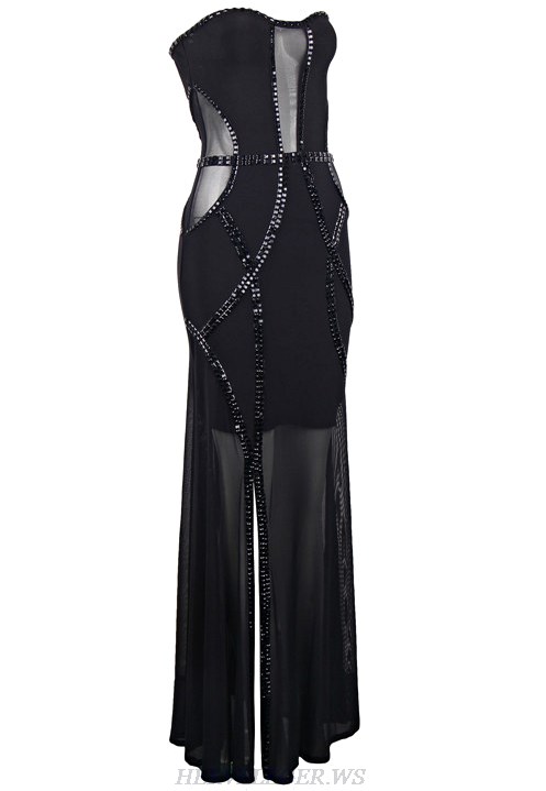 Herve Leger Black Bandeau Embellished Evening Dress