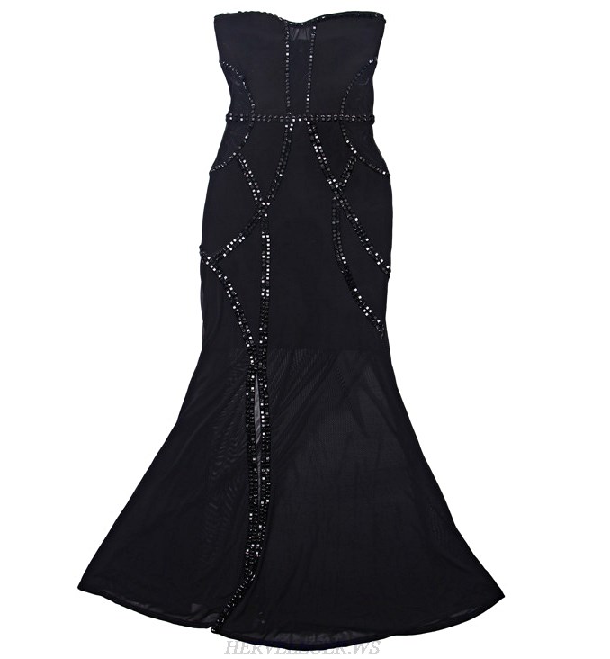 Herve Leger Black Bandeau Embellished Evening Dress