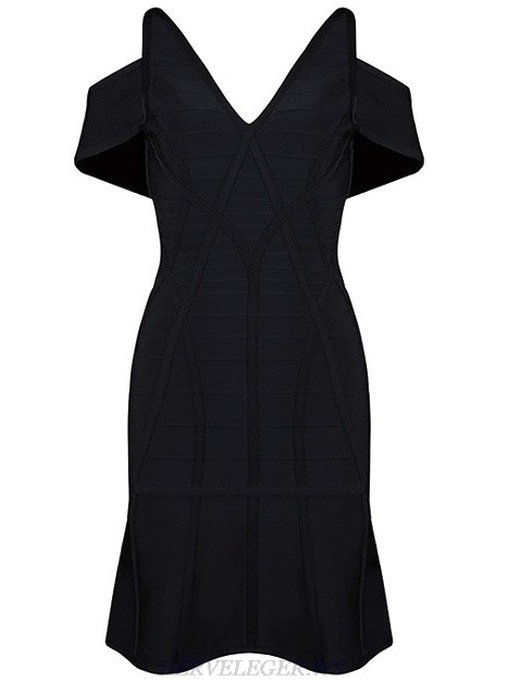 Herve Leger Black Cut Out Shoulder A Line Dress