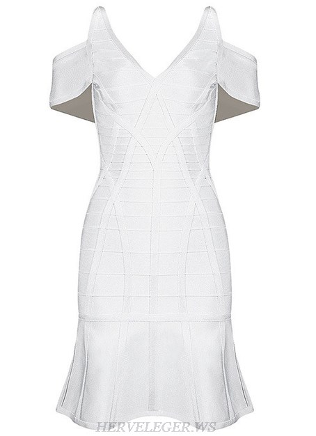 Herve Leger White Cut Out Shoulder A Line Dress