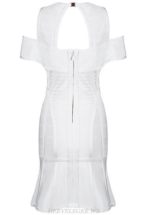 Herve Leger White Cut Out Shoulder A Line Dress