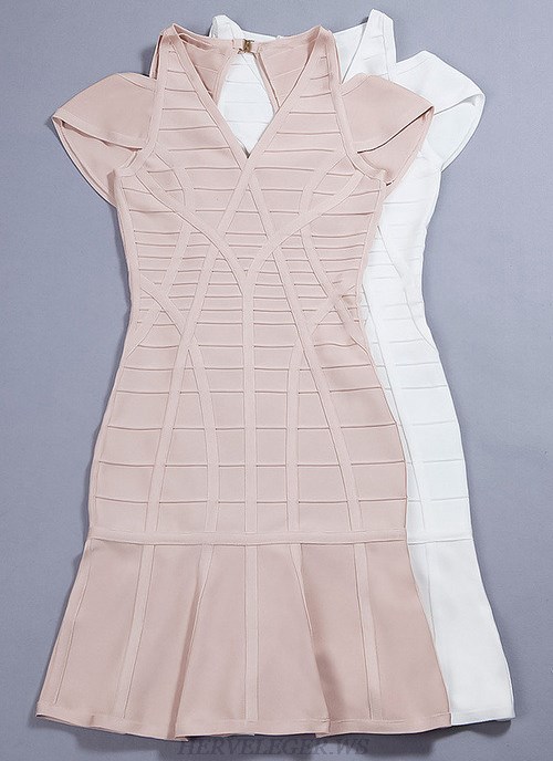 Herve Leger White Cut Out Shoulder A Line Dress