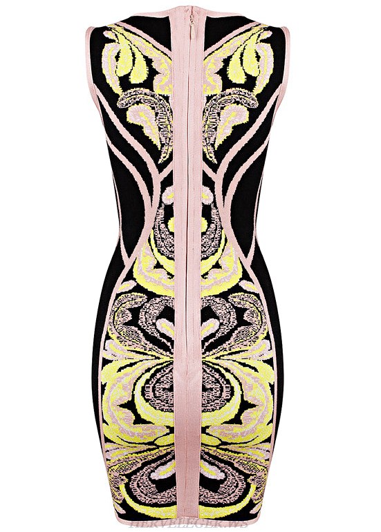 Herve Leger Yellow Nude And Black Floral Print Dress