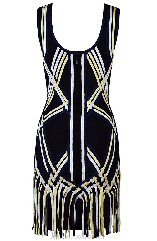 Herve Leger Blue Yellow And White V Neck Fringe Dress