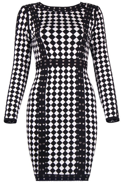 Herve Leger Black And White Long Sleeve Diamond Art Print Dress