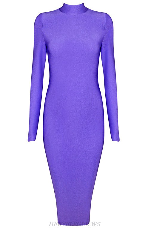 Herve Leger Indigo Long Sleeve High Neck Dress