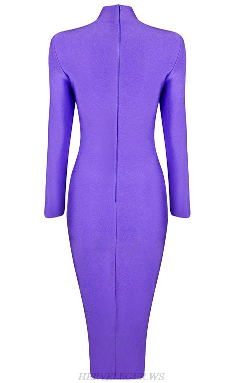 Herve Leger Indigo Long Sleeve High Neck Dress