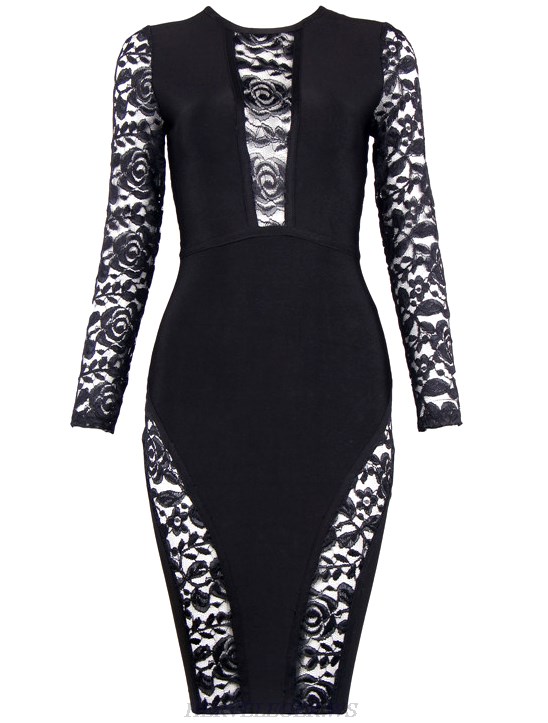 Herve Leger Black Long Sleeve Lace Dress