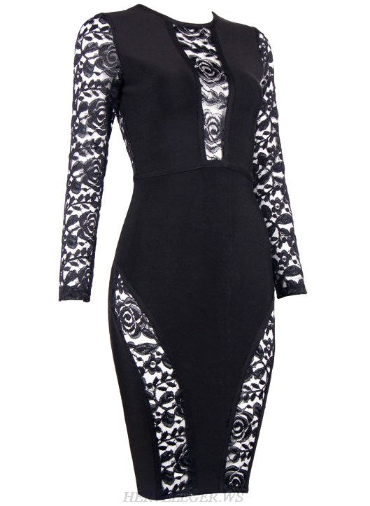 Herve Leger Black Long Sleeve Lace Dress