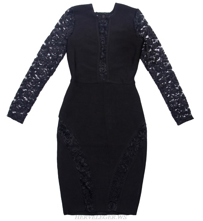 Herve Leger Black Long Sleeve Lace Dress