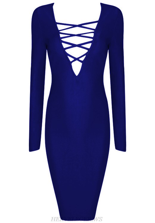 Herve Leger Blue Long Sleeve Lace Up Plunge V Neck Dress