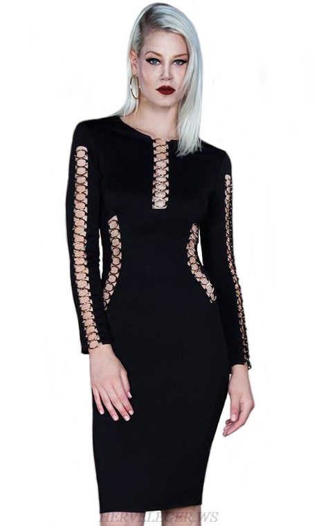 Herve Leger Black Long Sleeve Multi Cut Out Dress