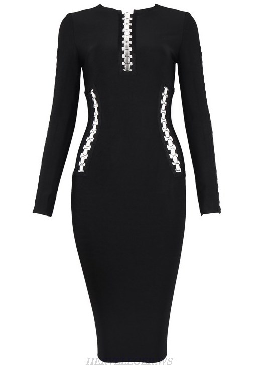 Herve Leger Black Long Sleeve Multi Cut Out Dress