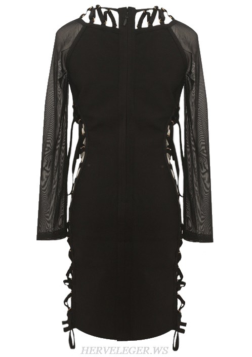 Herve Leger Black V Neck Mesh Long Sleeve Lace Up Dress