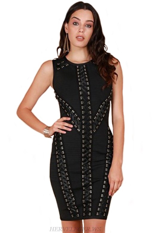 Herve Leger Black Ribbon Lace Up Dress