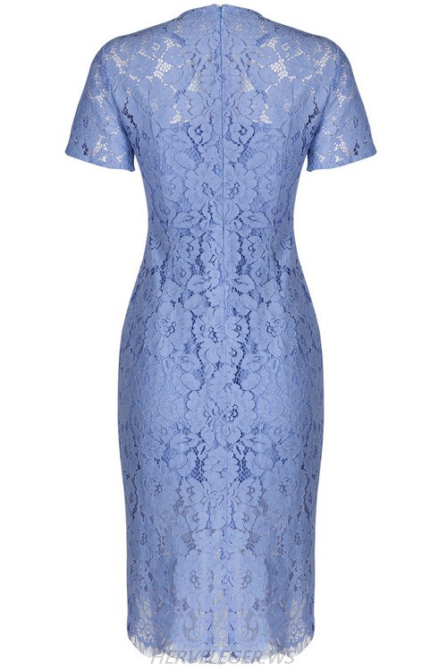 Herve Leger Blue Short Sleeve Crochet Dress