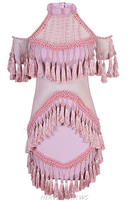 Herve Leger Pink Cold Shoulder Tassel Dress