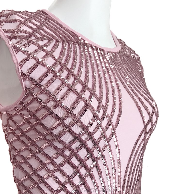 Herve Leger Pink Sequin Mesh Gown