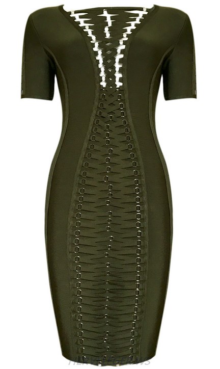 Herve Leger Green Short Sleeve Lace Up Dress