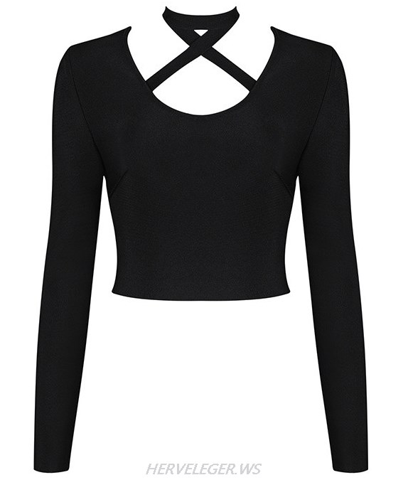 Herve Leger Black Long Sleeve Halter Top