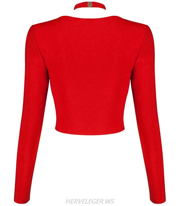 Herve Leger Red Long Sleeve Halter Top