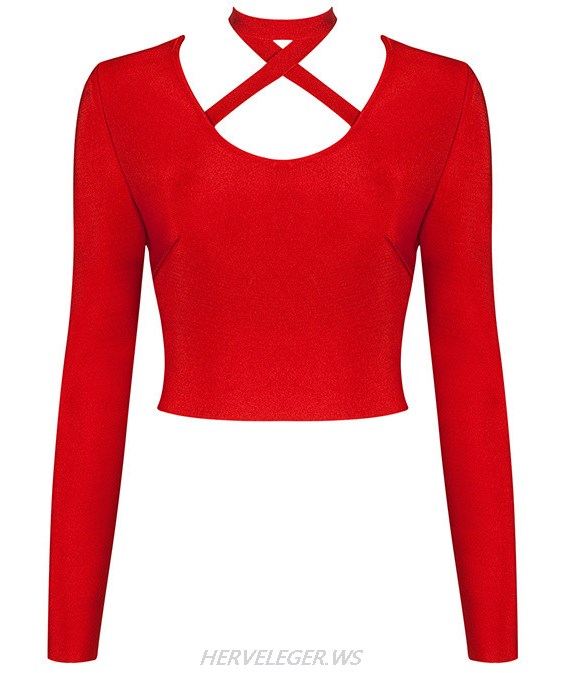 Herve Leger Red Long Sleeve Halter Top