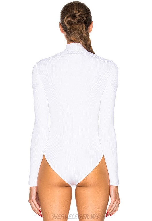 Herve Leger White Long Sleeve High Neck Bodysuit 