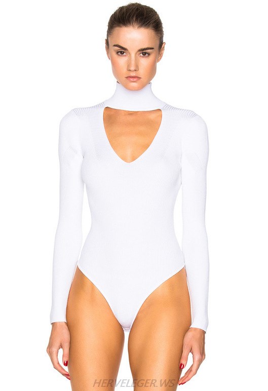 Herve Leger White Long Sleeve High Neck Bodysuit 