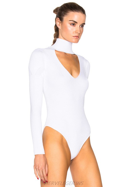 Herve Leger White Long Sleeve High Neck Bodysuit 