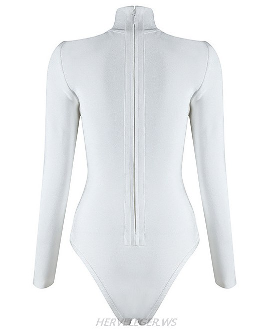 Herve Leger White Long Sleeve High Neck Bodysuit 