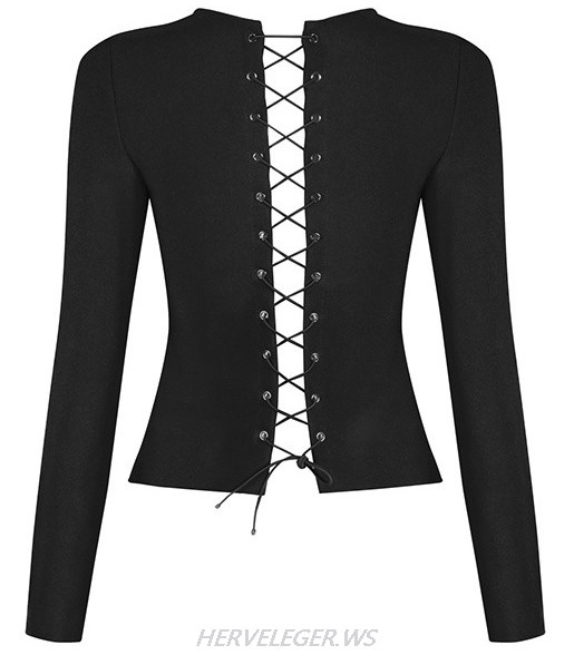 Herve Leger Black Long Sleeve Lace up Top