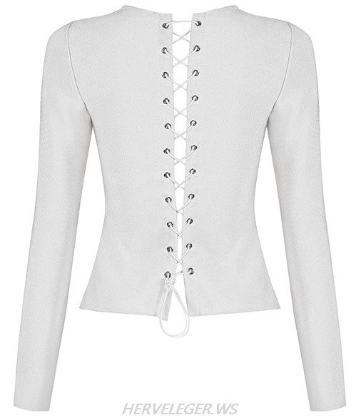 Herve Leger White Long Sleeve Lace up Top